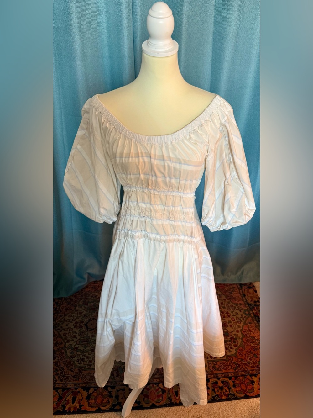 Eudon Choi On or Off-Shoulder White Subtly Striped Midi Dress with Puff Sleeves
